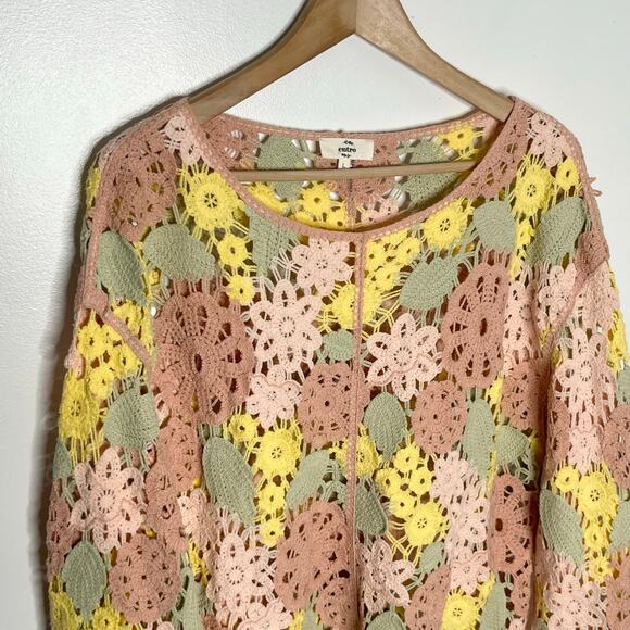 Entro Long Sleeve Crochet Sweater Womens Large Pink Floral Lace Boho Cottage - Picture 5 of 11